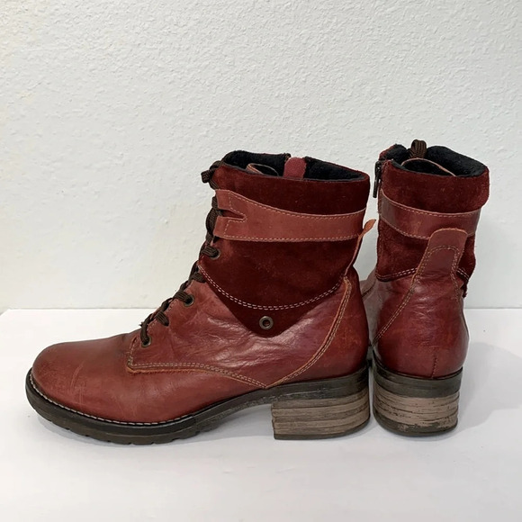 Dromedaris Women's Kara Combat Red Leather + Suede Lace-up Comfort Inside Zip - Picture 5 of 13